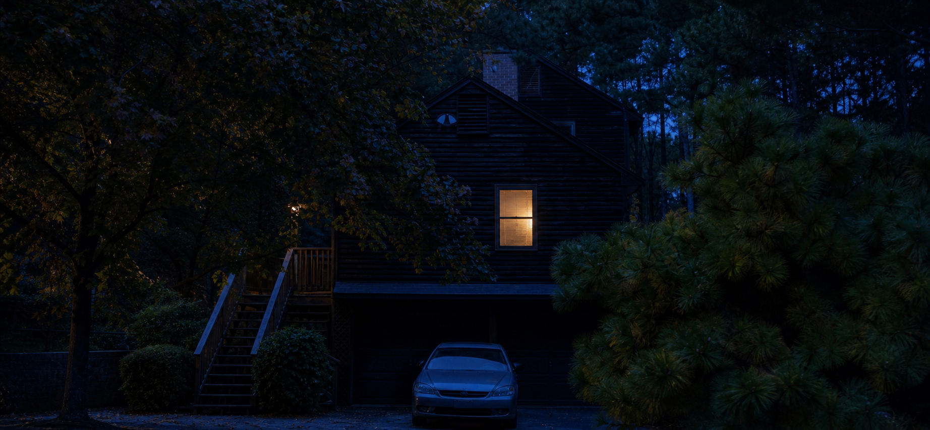 The Gorman home at night with a warm window light