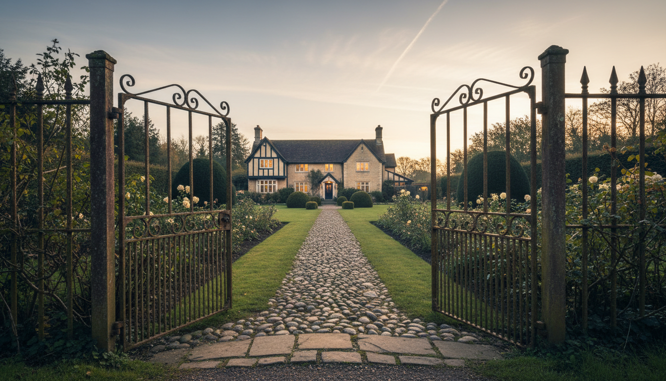 A warm light shines beyond an open gate, with a modest path in the foreground and a large home in the distance.