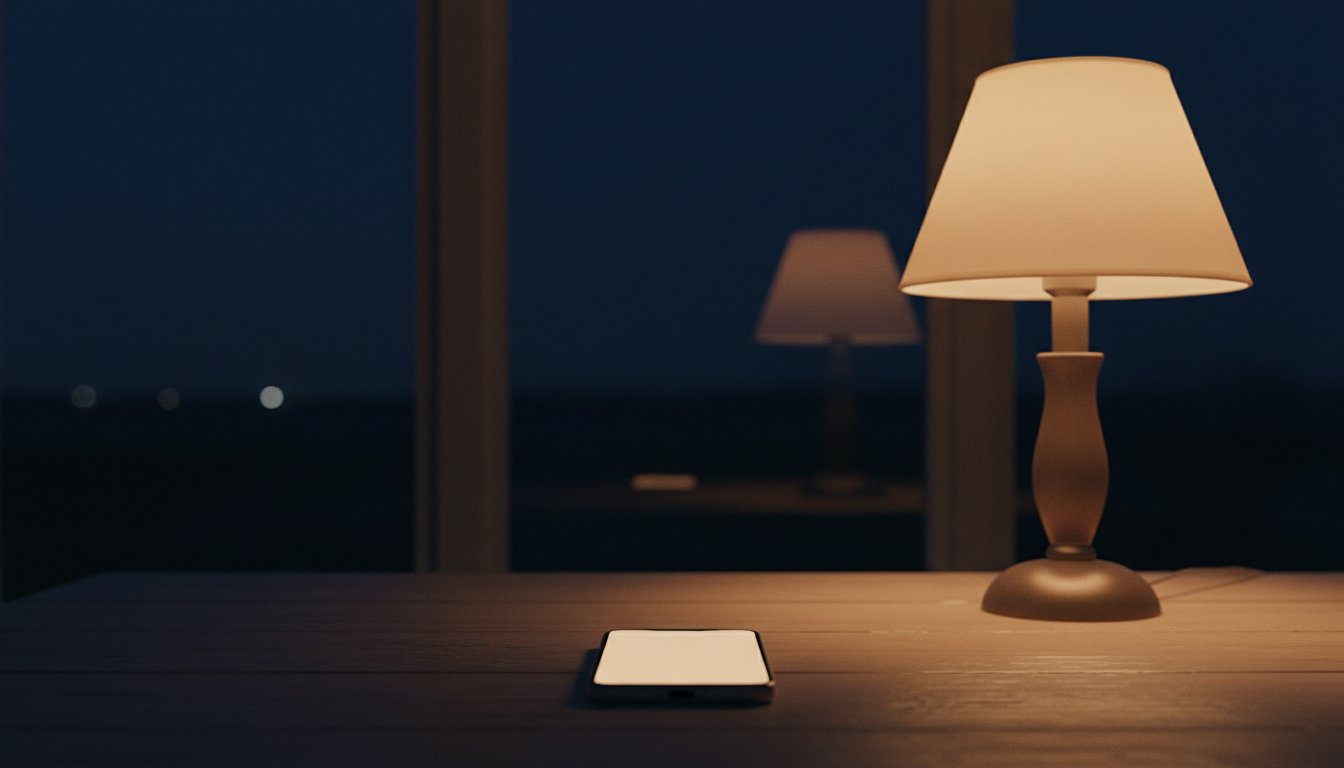 A phone lies beside a softly glowing lamp on a wooden table, suggesting a message waiting for a response.